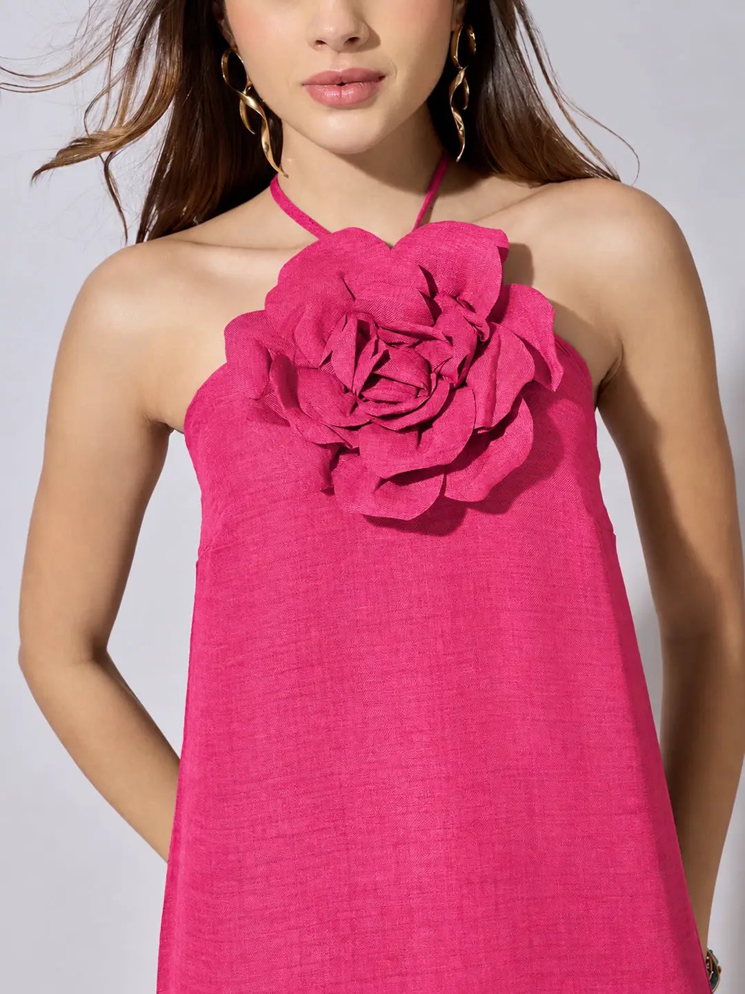 Women's Pink Halter Neck Maxi Dress with 3D Floral Applique