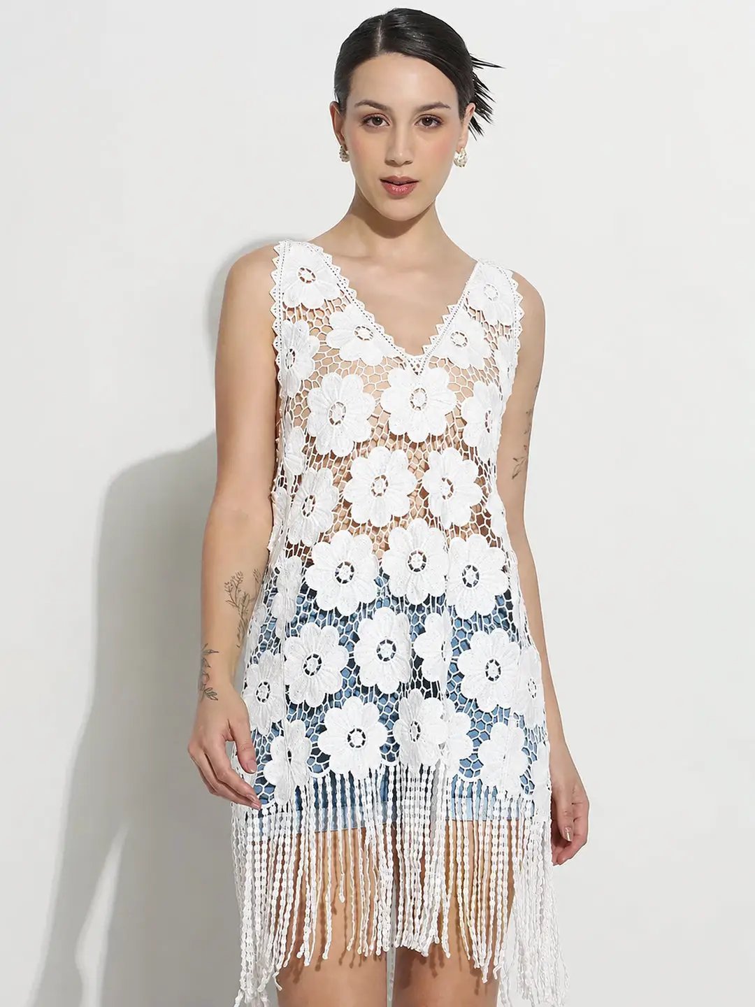 Women's Floral White V-Neck Longline Crochet Top with Fringe Hem