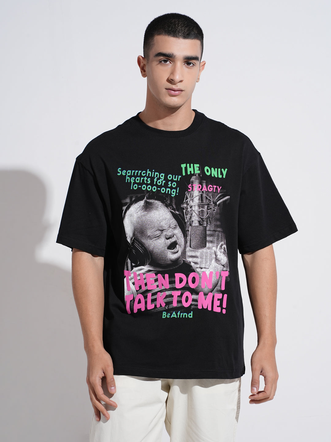 Men's Graphic Print Black Short Sleeves Round Neck Oversized T-Shirt