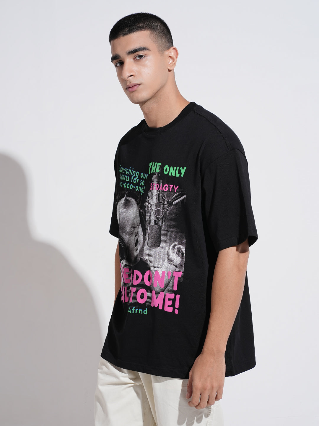 Men's Graphic Print Black Short Sleeves Round Neck Oversized T-Shirt