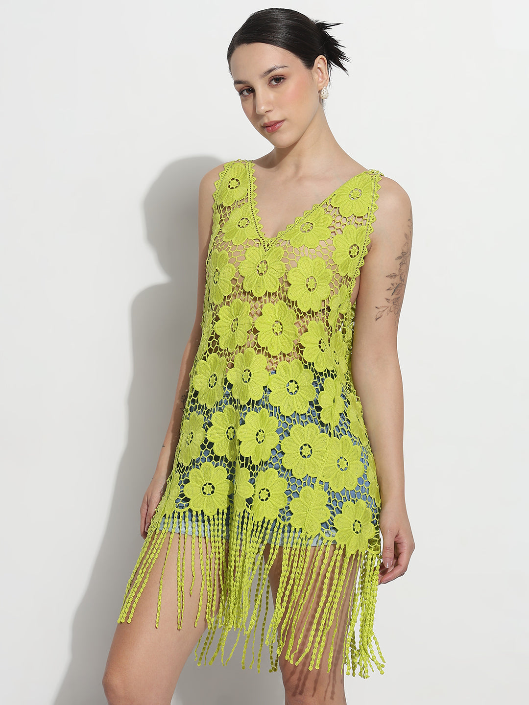 Women's Floral Green V-Neck Longline Crochet Top with Fringe Hem