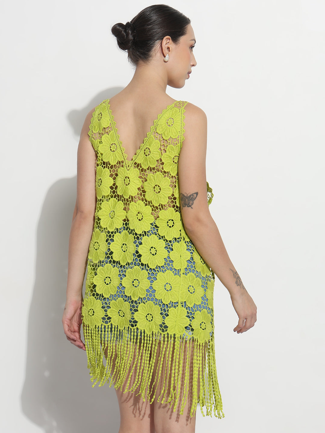 Women's Floral Green V-Neck Longline Crochet Top with Fringe Hem