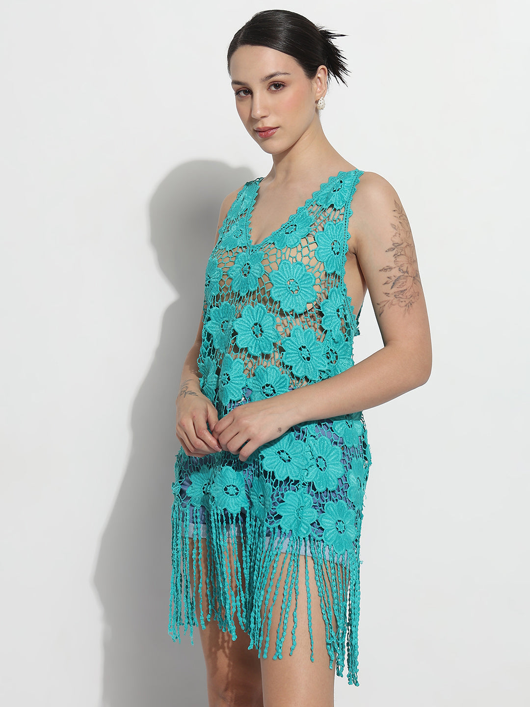 Women's Floral Turquoise Blue V-Neck Longline Crochet Top with Fringe Hem