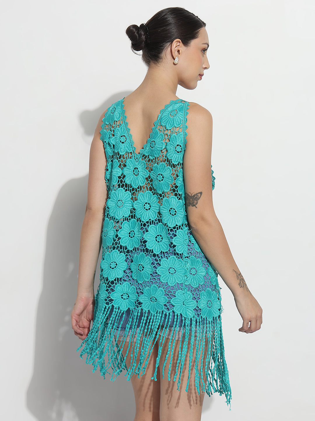 Women's Floral Turquoise Blue V-Neck Longline Crochet Top with Fringe Hem