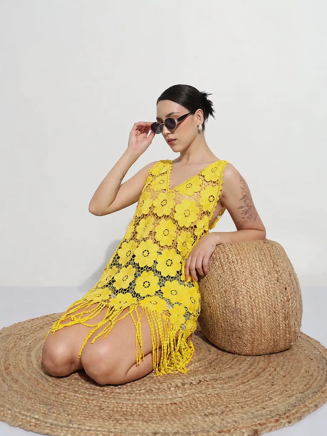 Women's Floral Green V-Neck Longline Crochet Top with Fringe Hem