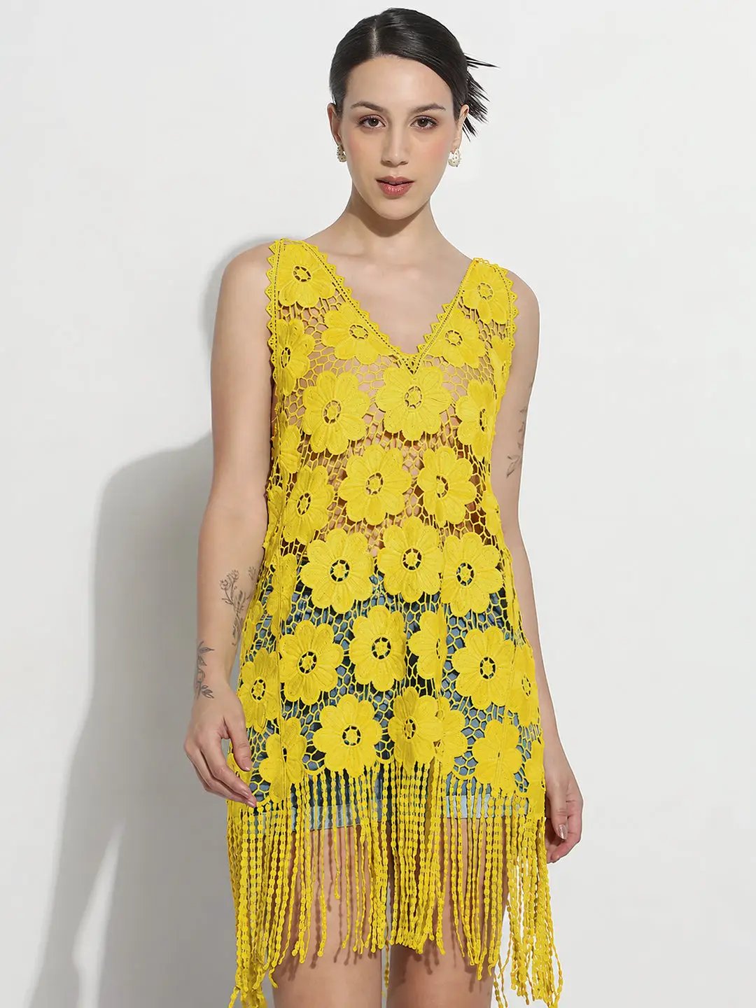 Women's Floral Green V-Neck Longline Crochet Top with Fringe Hem