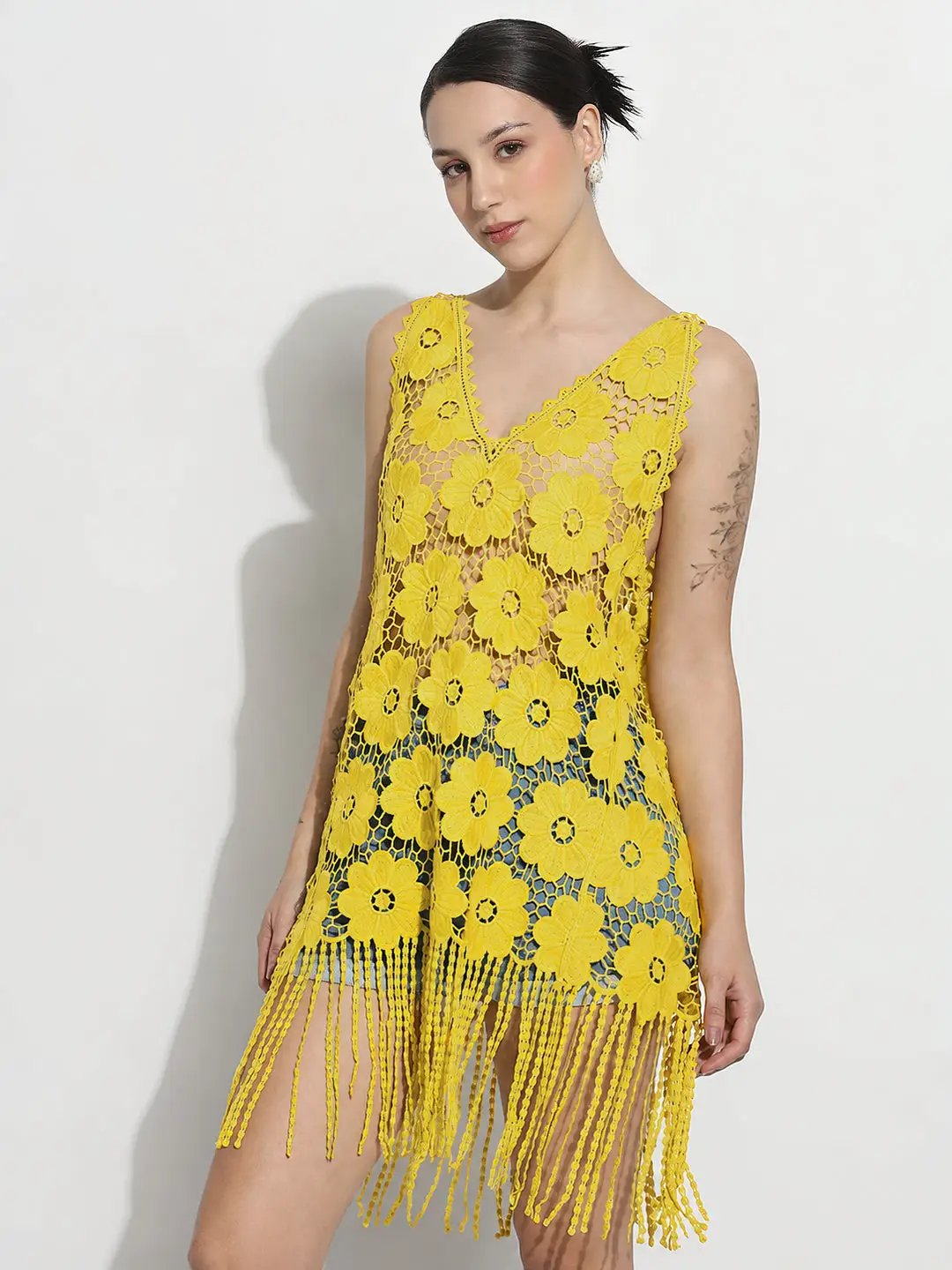 Women's Floral Green V-Neck Longline Crochet Top with Fringe Hem