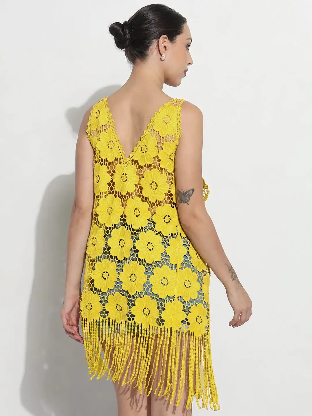 Women's Floral Green V-Neck Longline Crochet Top with Fringe Hem