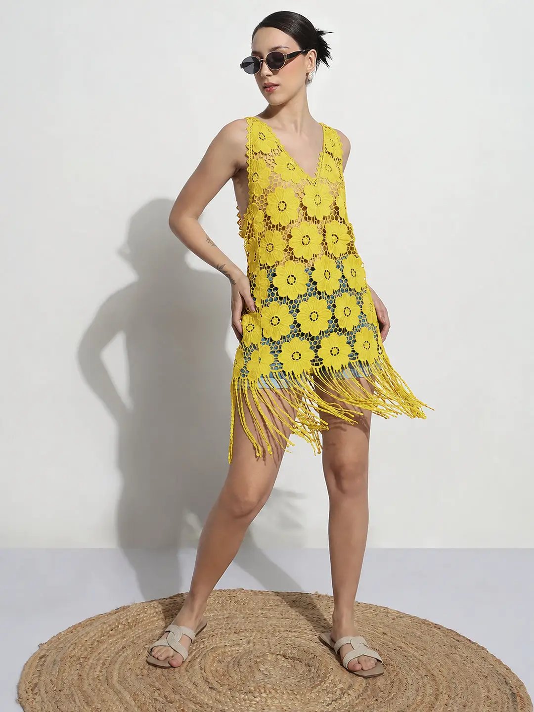 Women's Floral Green V-Neck Longline Crochet Top with Fringe Hem