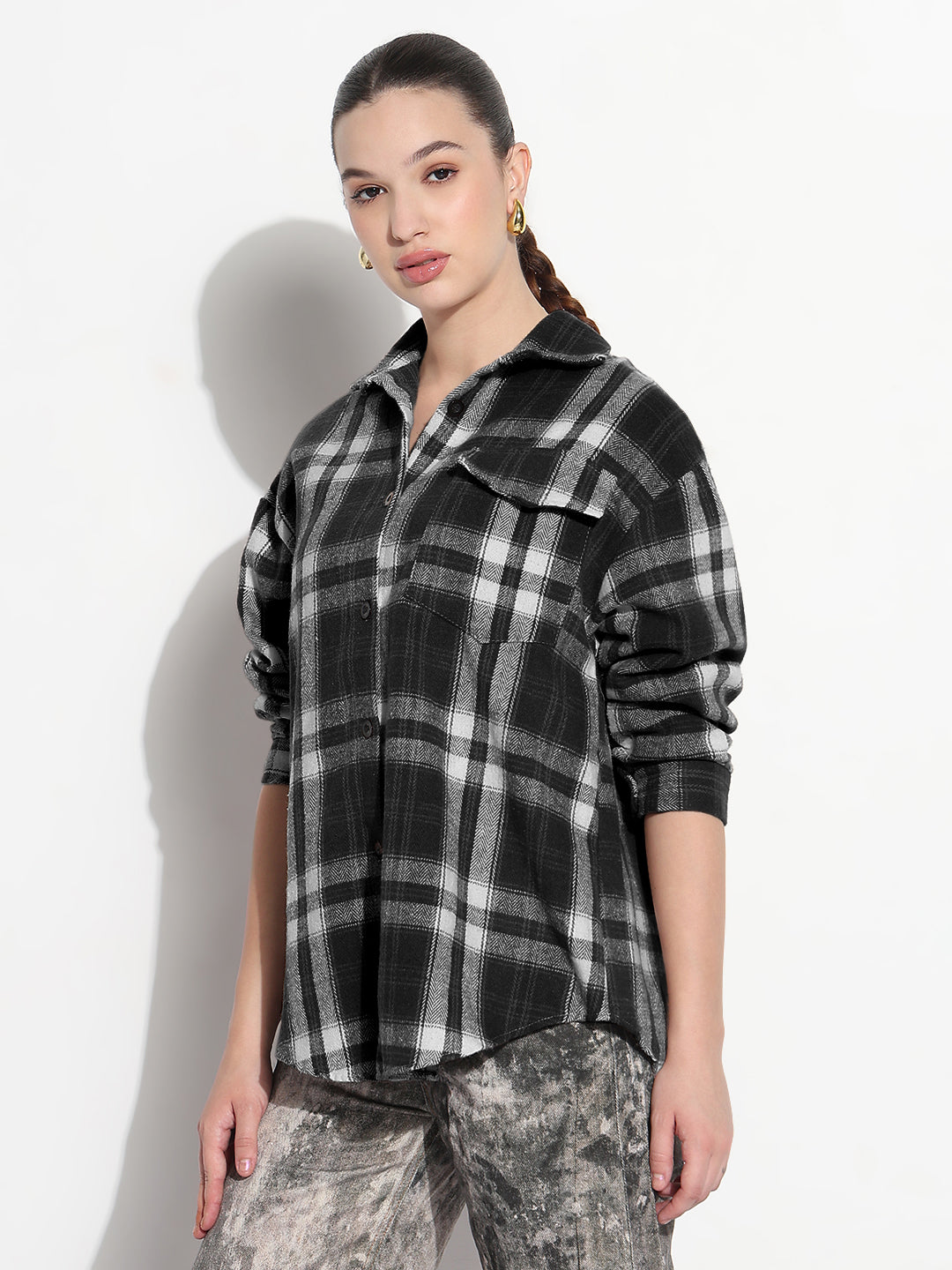 Women's Tartan Checks Black Oversized Shirt with Flap Pocket