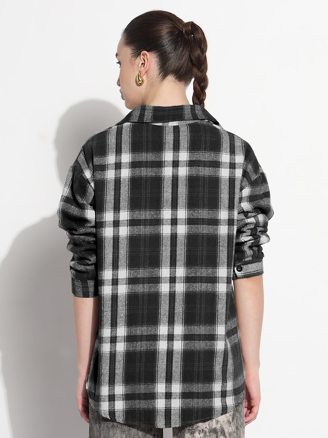 Women's Tartan Checks Black Oversized Shirt with Flap Pocket