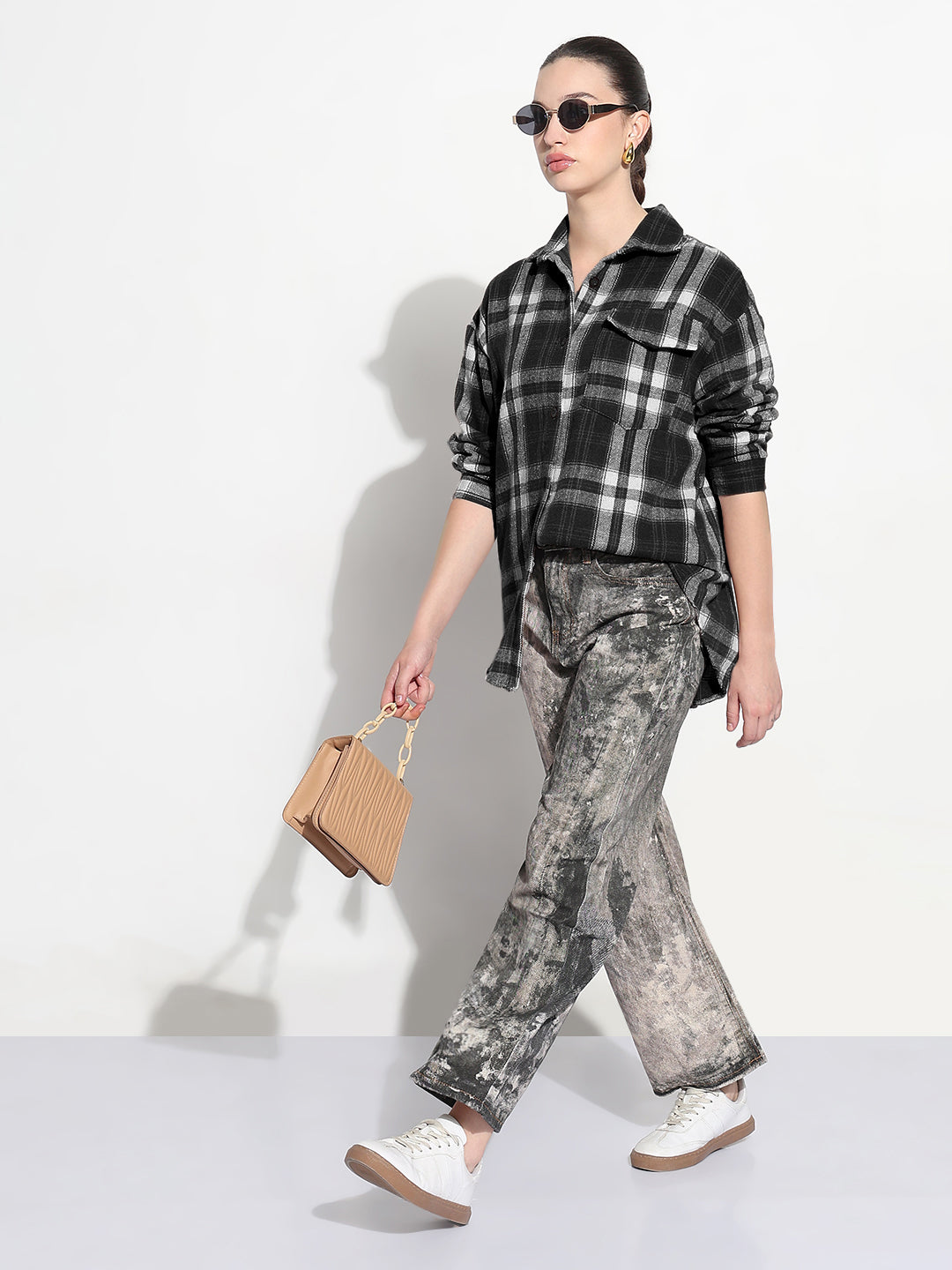 Women's Tartan Checks Black Oversized Shirt with Flap Pocket