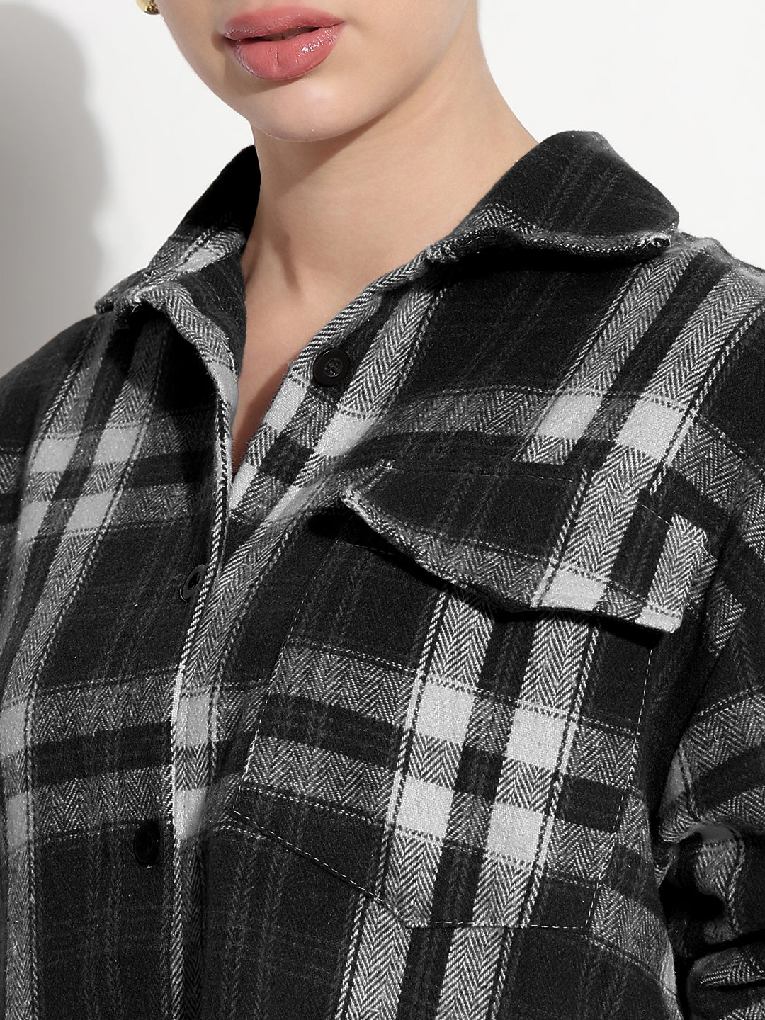 Women's Tartan Checks Black Oversized Shirt with Flap Pocket