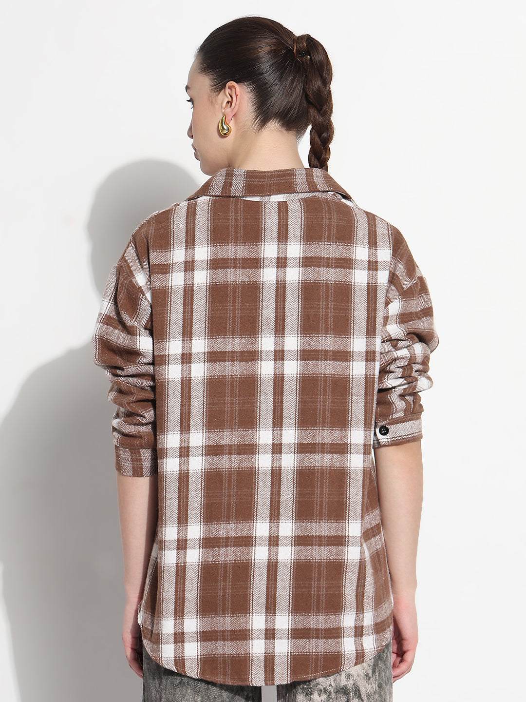 Women's Tartan Checks Brown Oversized Shirt with Flap Pocket