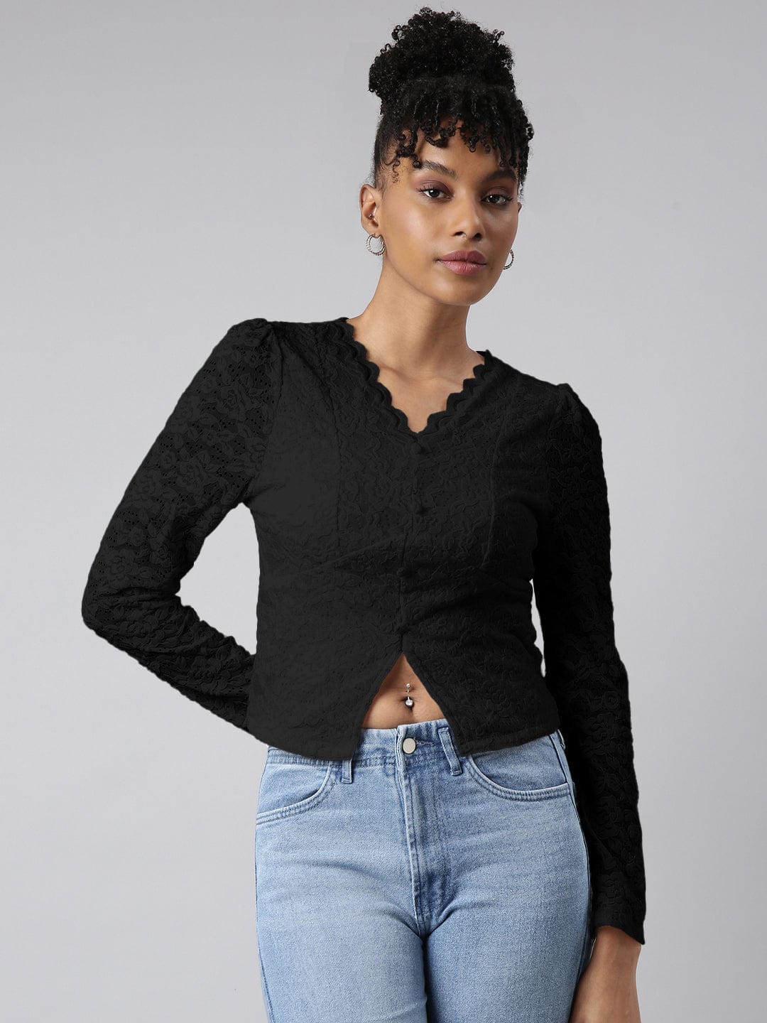 Women's Floral Black V-Neck Empire Top