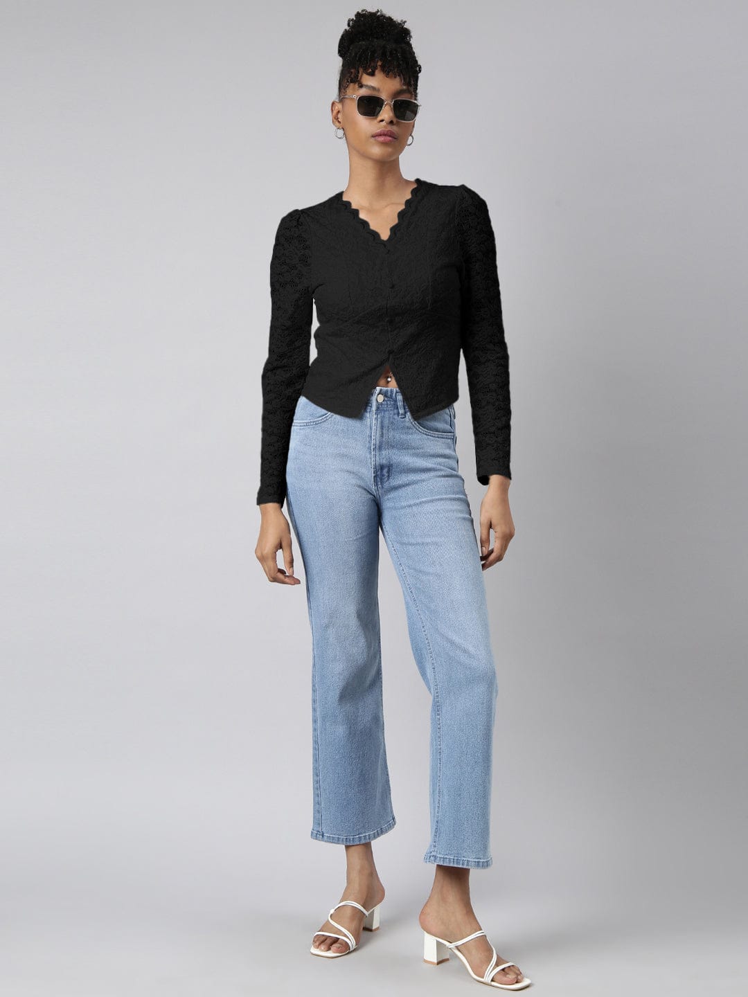 Women's Floral Black V-Neck Empire Top