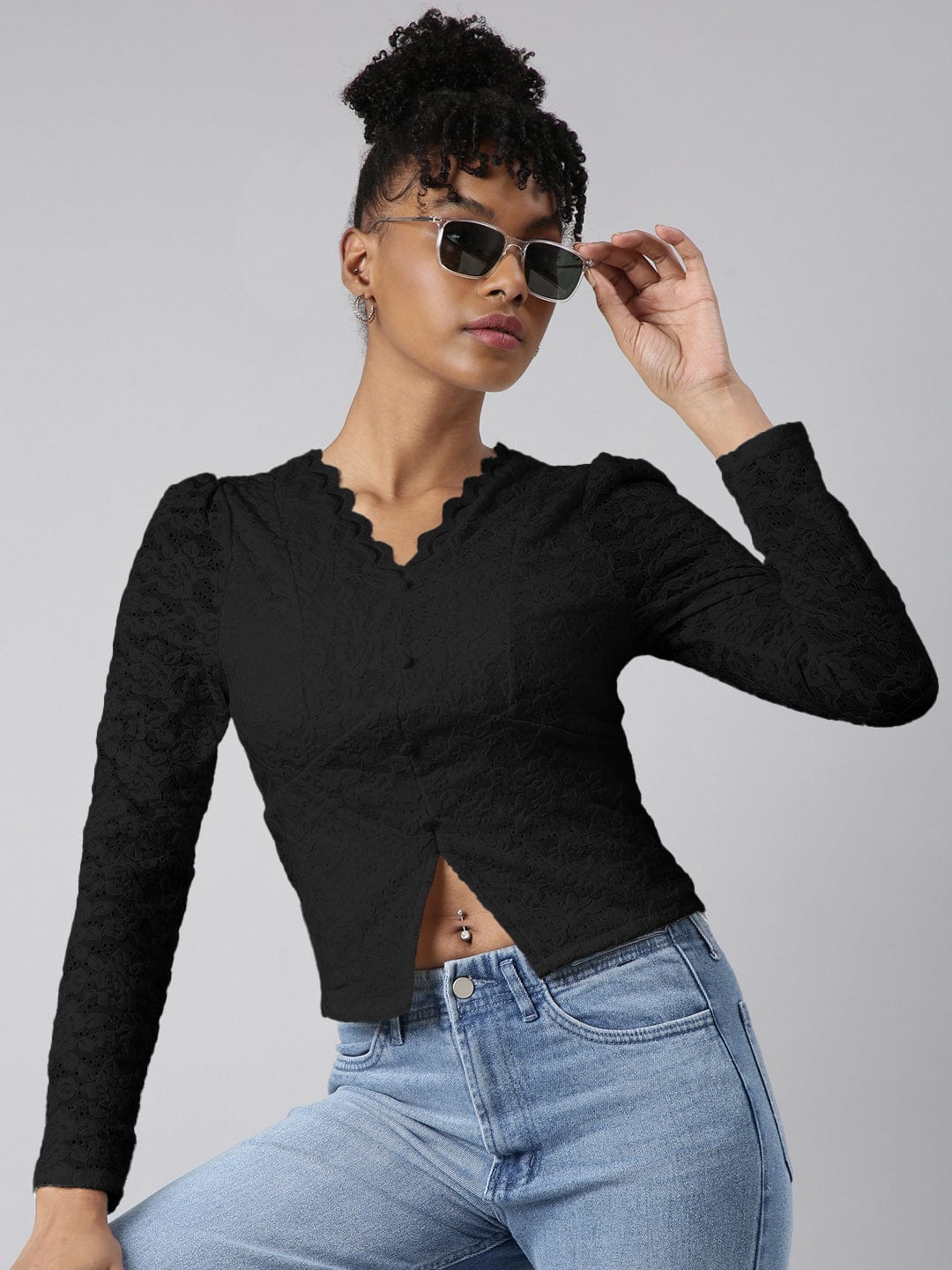 Women's Floral Black V-Neck Empire Top