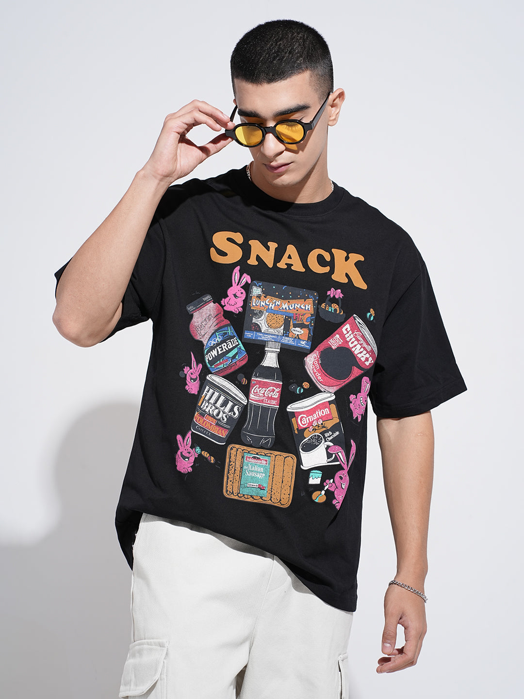 Men's Graphic Print Black Short Sleeves Round Neck Oversized T-Shirt