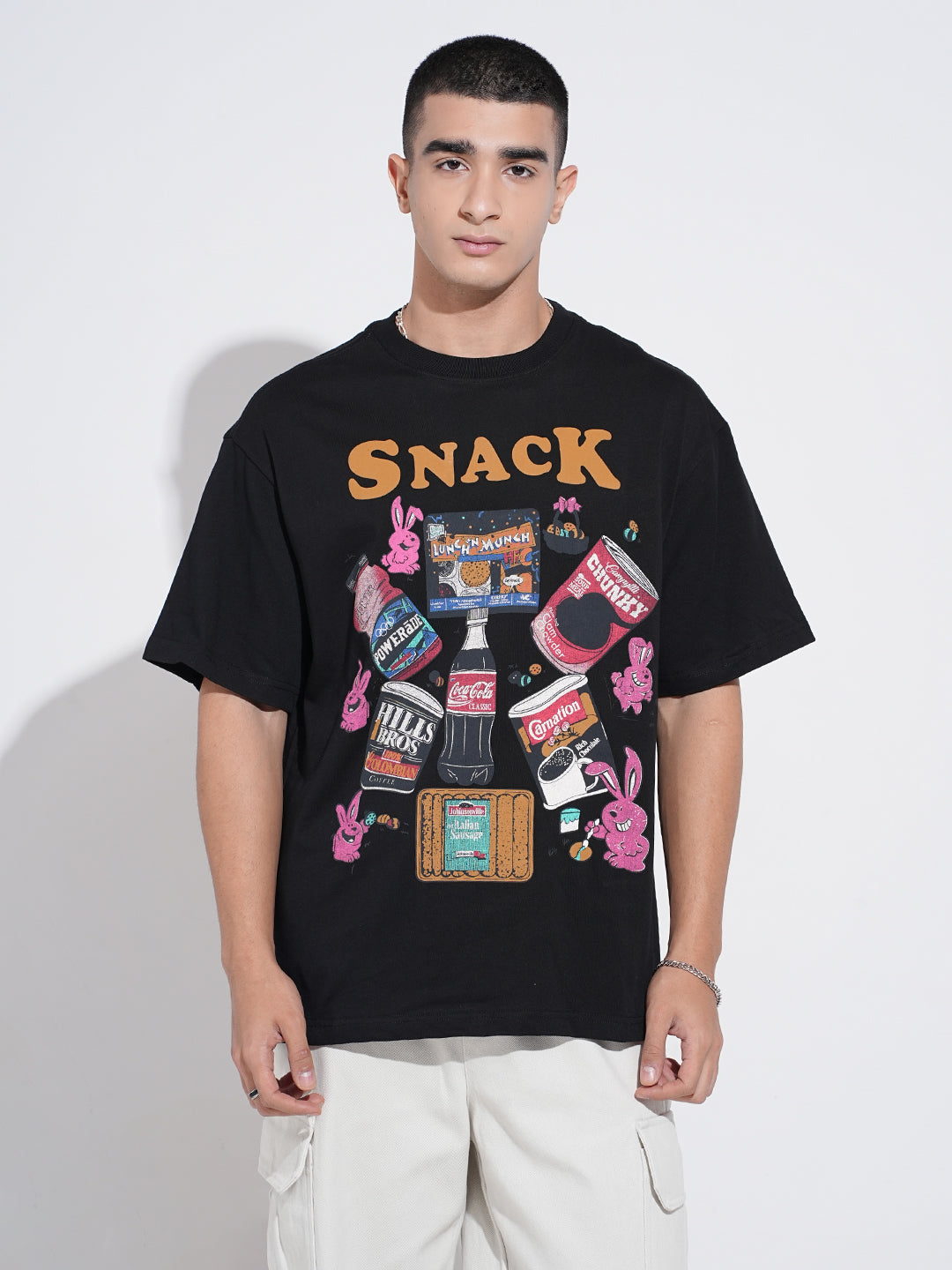 Men's Graphic Print Black Short Sleeves Round Neck Oversized T-Shirt