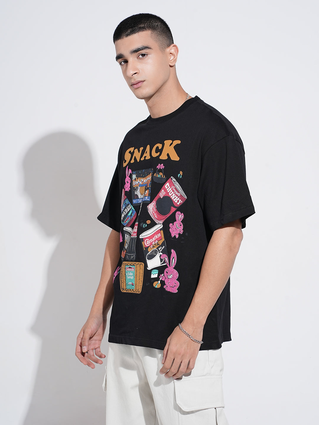 Men's Graphic Print Black Short Sleeves Round Neck Oversized T-Shirt