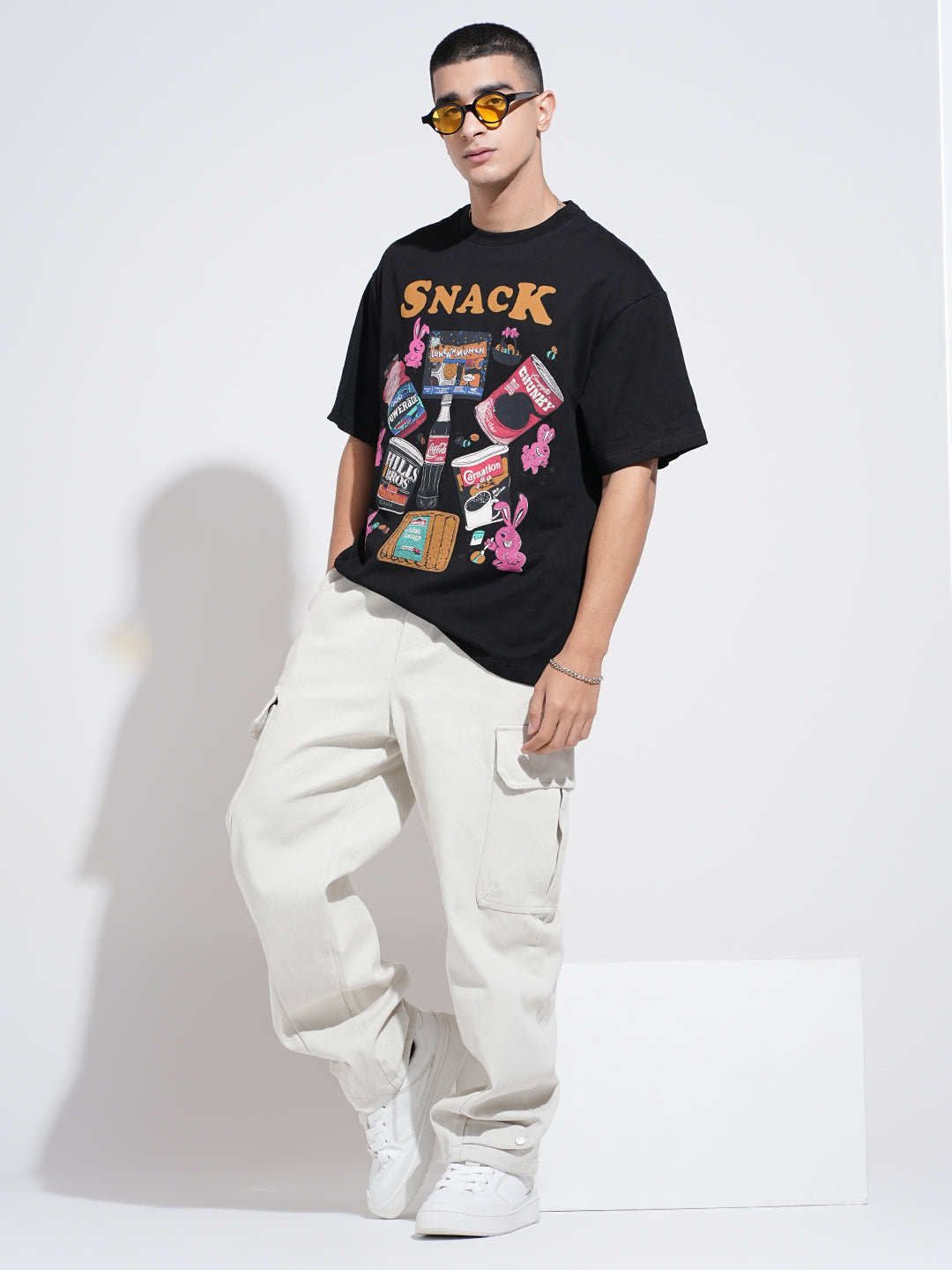 Men's Graphic Print Black Short Sleeves Round Neck Oversized T-Shirt