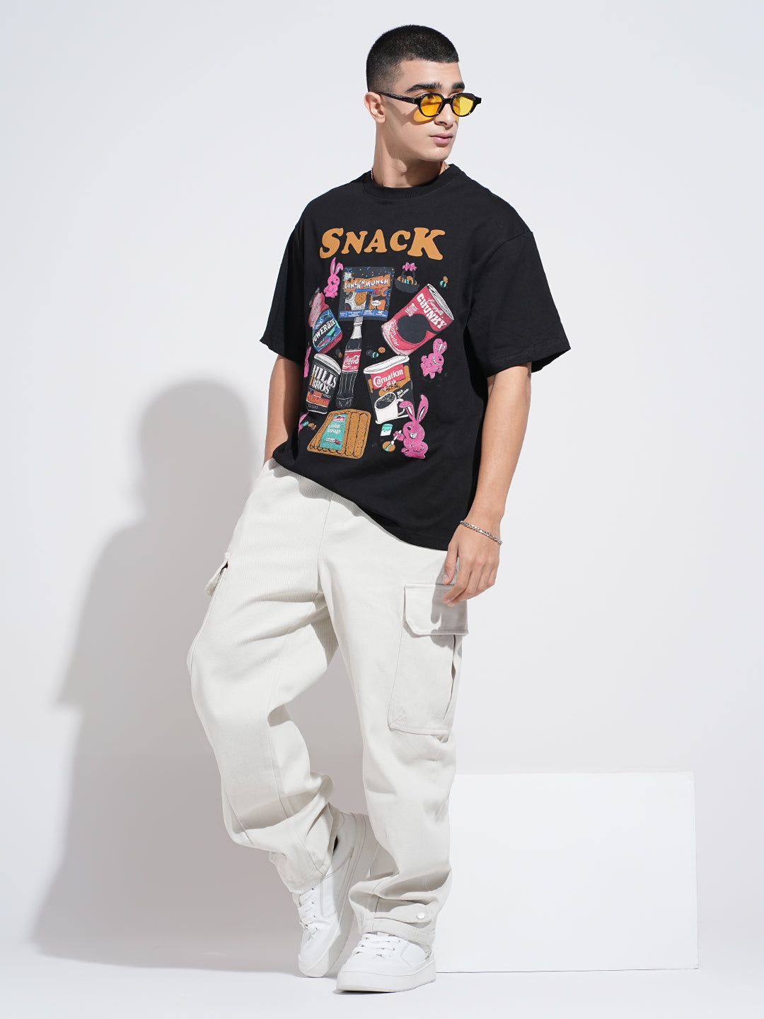 Men's Graphic Print Black Short Sleeves Round Neck Oversized T-Shirt