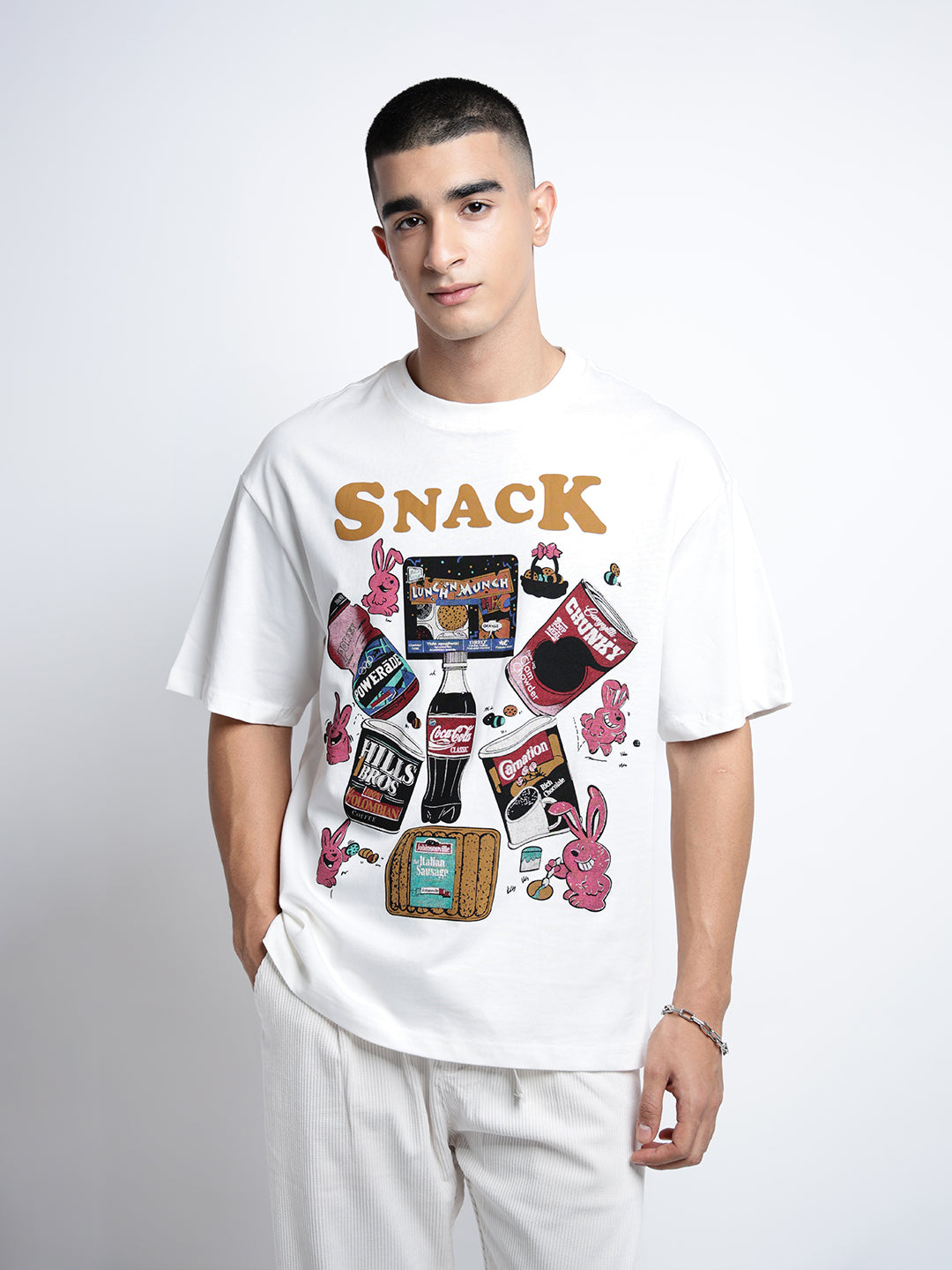 Men's Graphic Print White Short Sleeves Round Neck Oversized T-Shirt