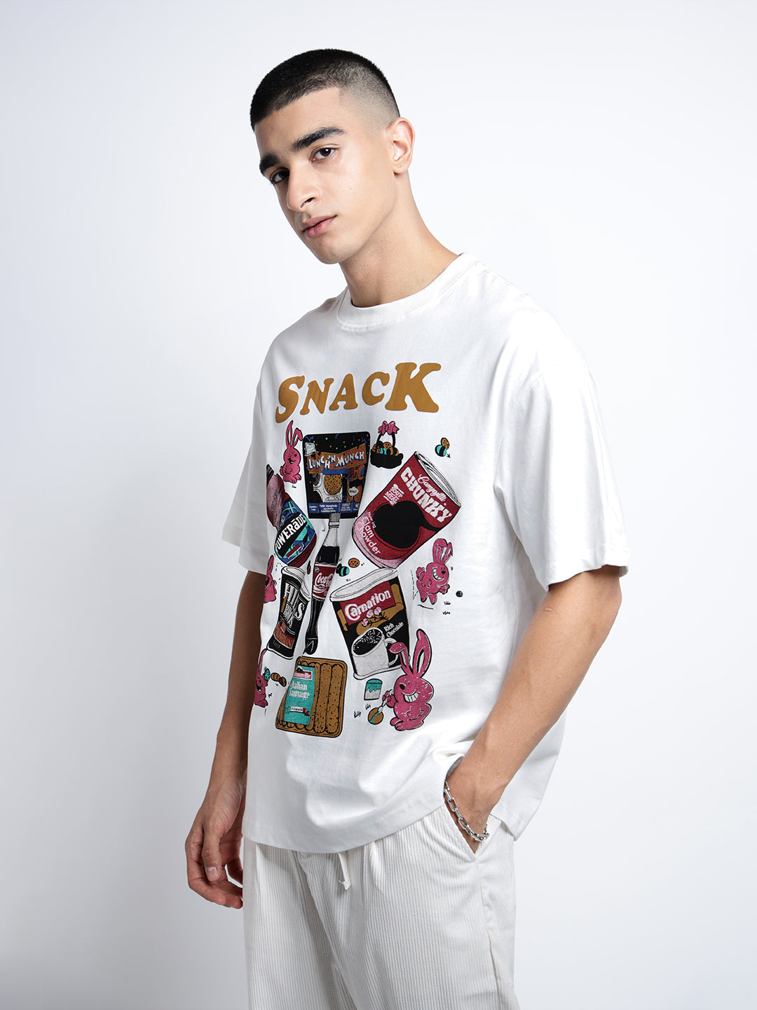 Men's Graphic Print White Short Sleeves Round Neck Oversized T-Shirt