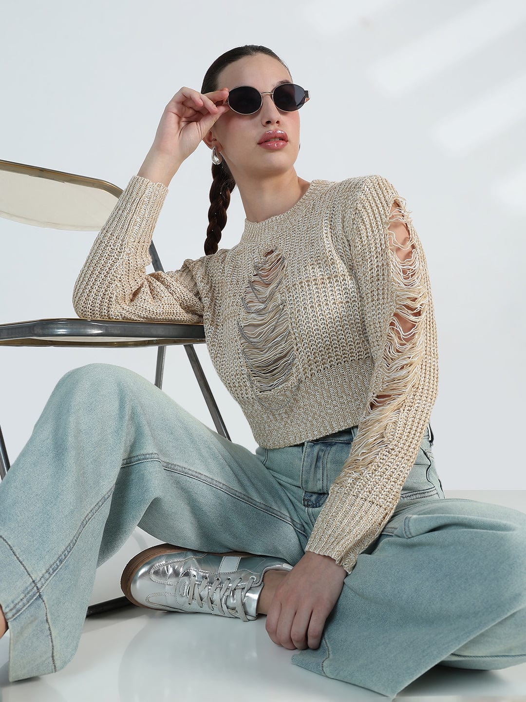 Women's Distressed Beige Crochet Top with Chain Detail