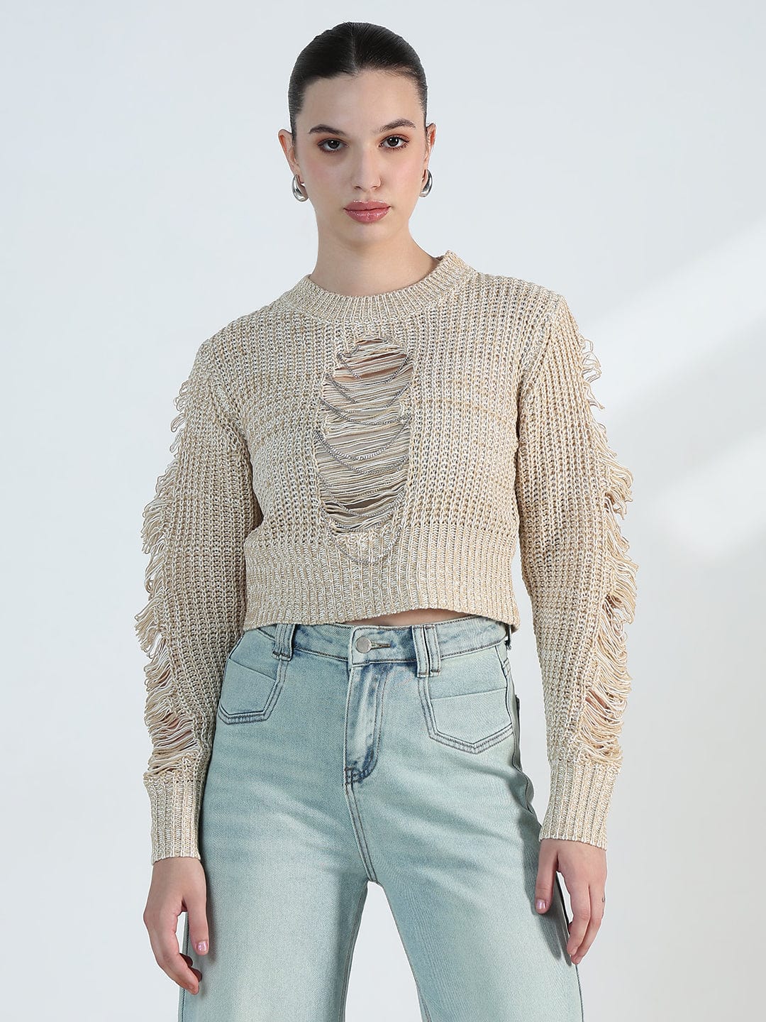 Women's Distressed Beige Crochet Top with Chain Detail