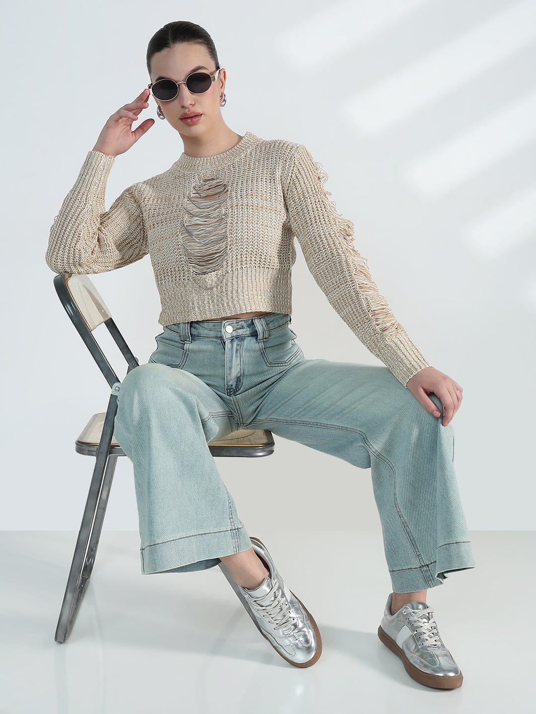 Women's Distressed Beige Crochet Top with Chain Detail