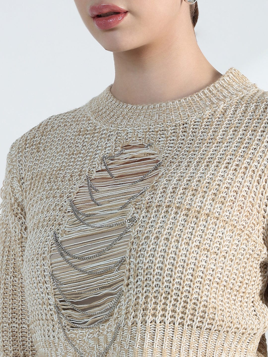 Women's Distressed Beige Crochet Top with Chain Detail