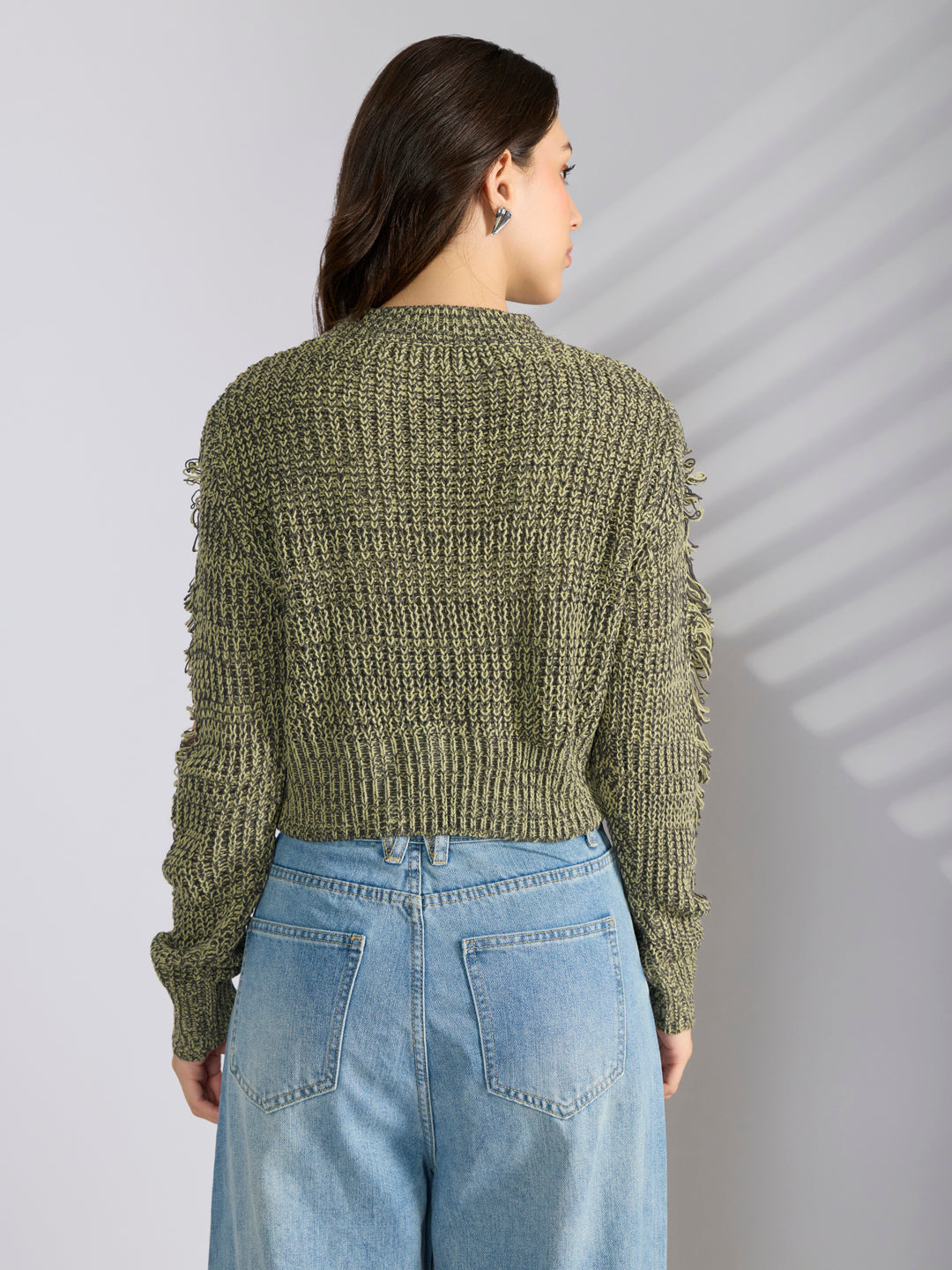 Women's Green Distressed Knitted Top with Chain Details