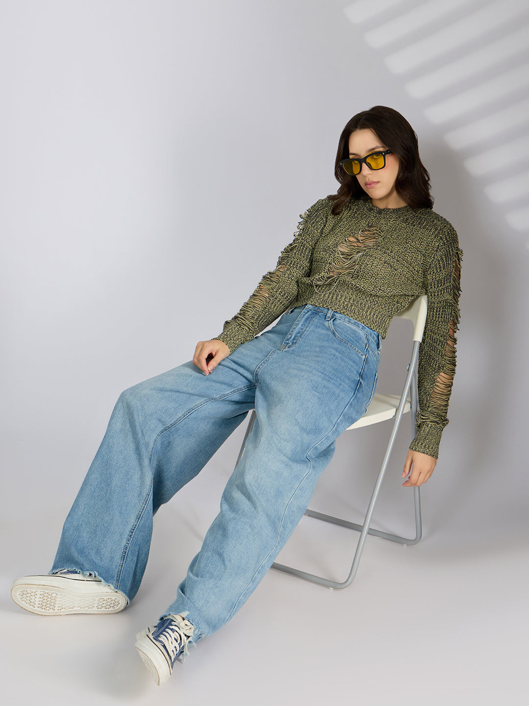 Women's Green Distressed Knitted Top with Chain Details