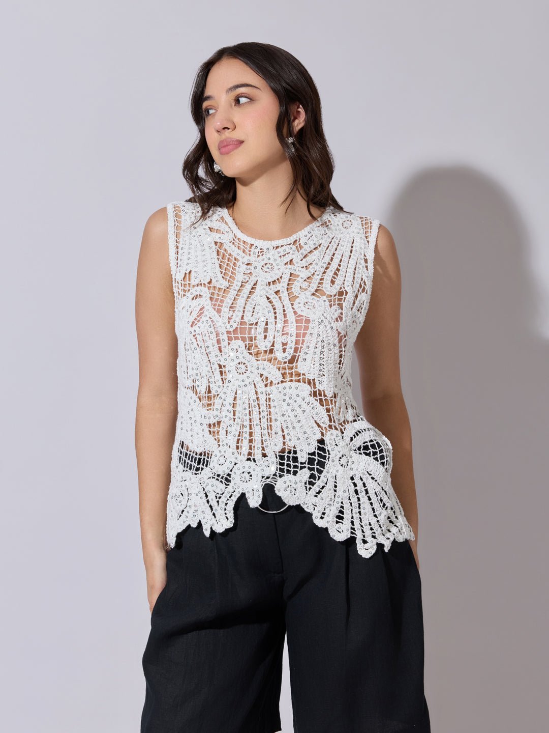 Women's Sequined White Crochet Sleeveless Top