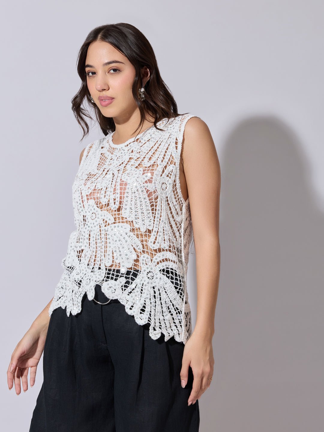 Women's Sequined White Crochet Sleeveless Top