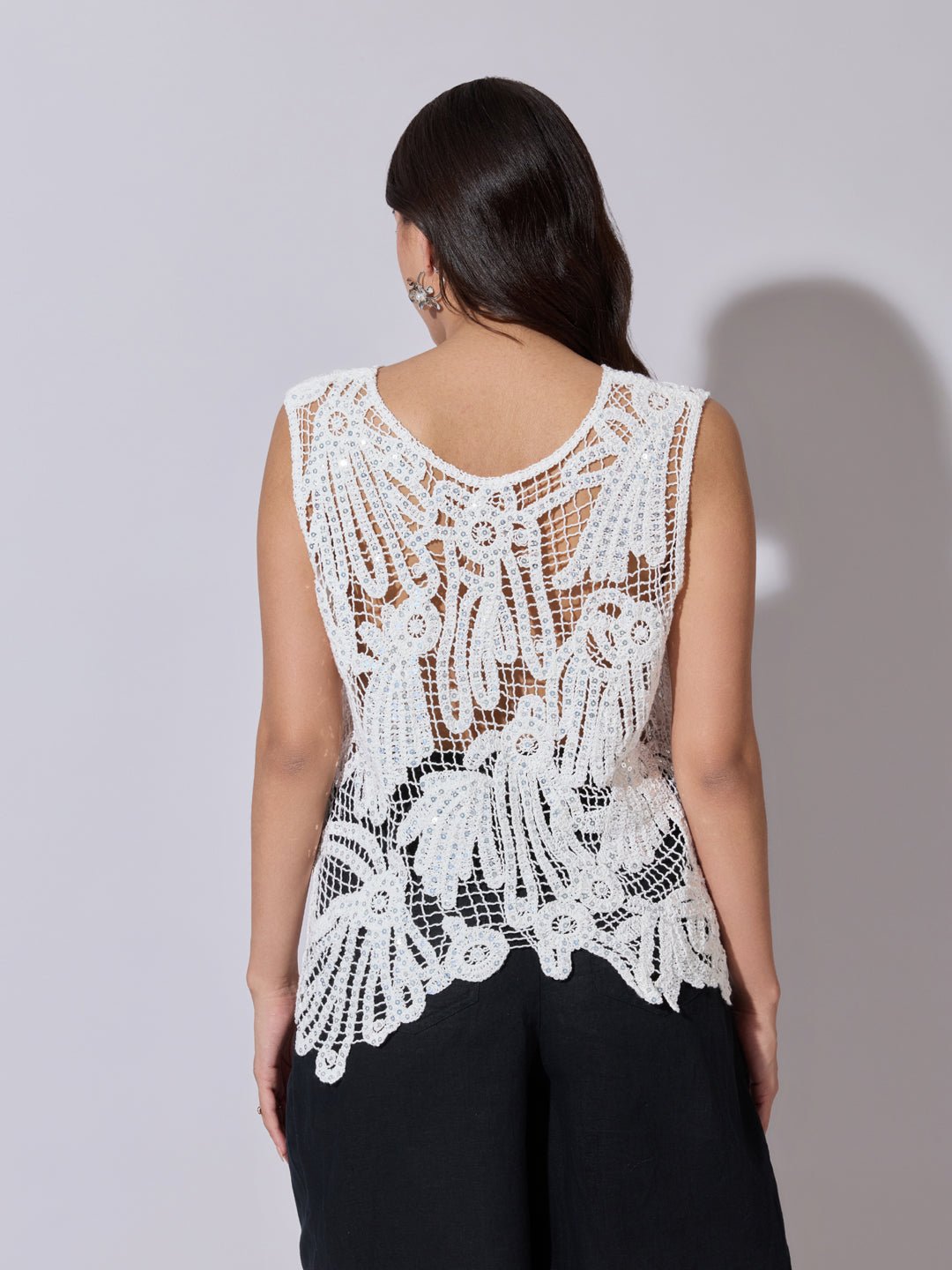 Women's Sequined White Crochet Sleeveless Top