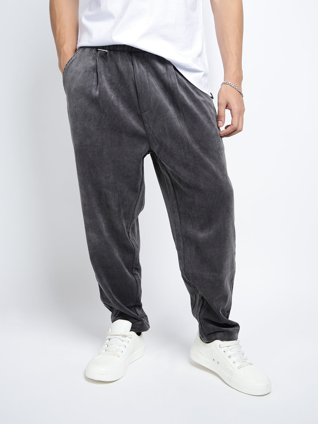 Men's Corduroy Grey Tapered Fit Trousers with Elasticated Waist