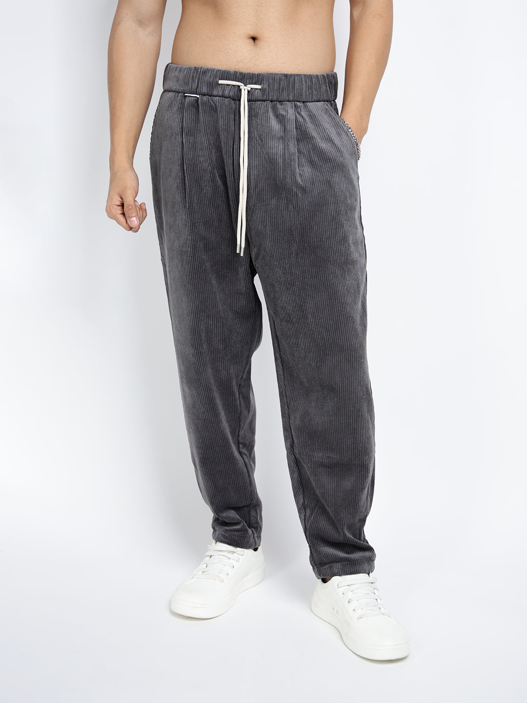Men's Corduroy Grey Tapered Fit Trousers with Elasticated Waist