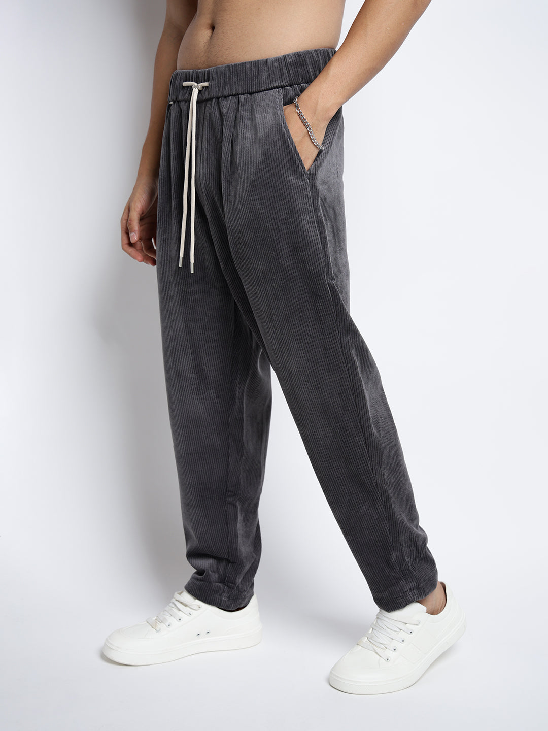 Men's Corduroy Grey Tapered Fit Trousers with Elasticated Waist