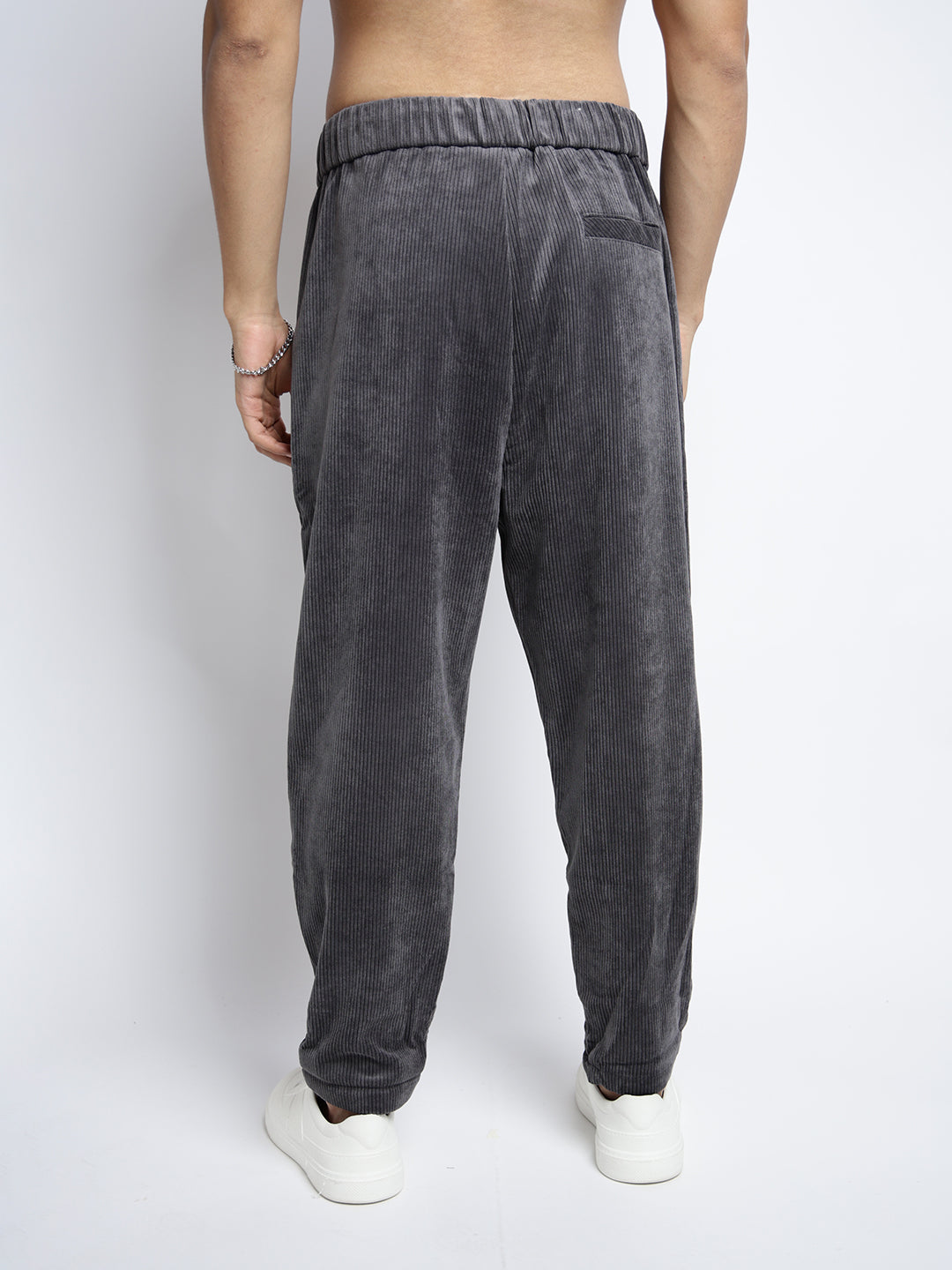 Men's Corduroy Grey Tapered Fit Trousers with Elasticated Waist