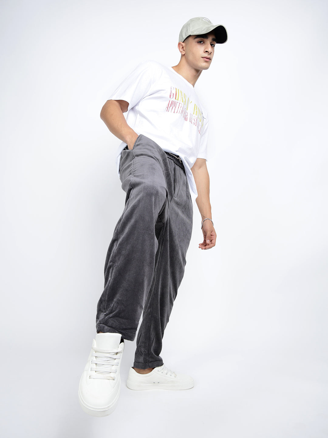 Men's Corduroy Grey Tapered Fit Trousers with Elasticated Waist