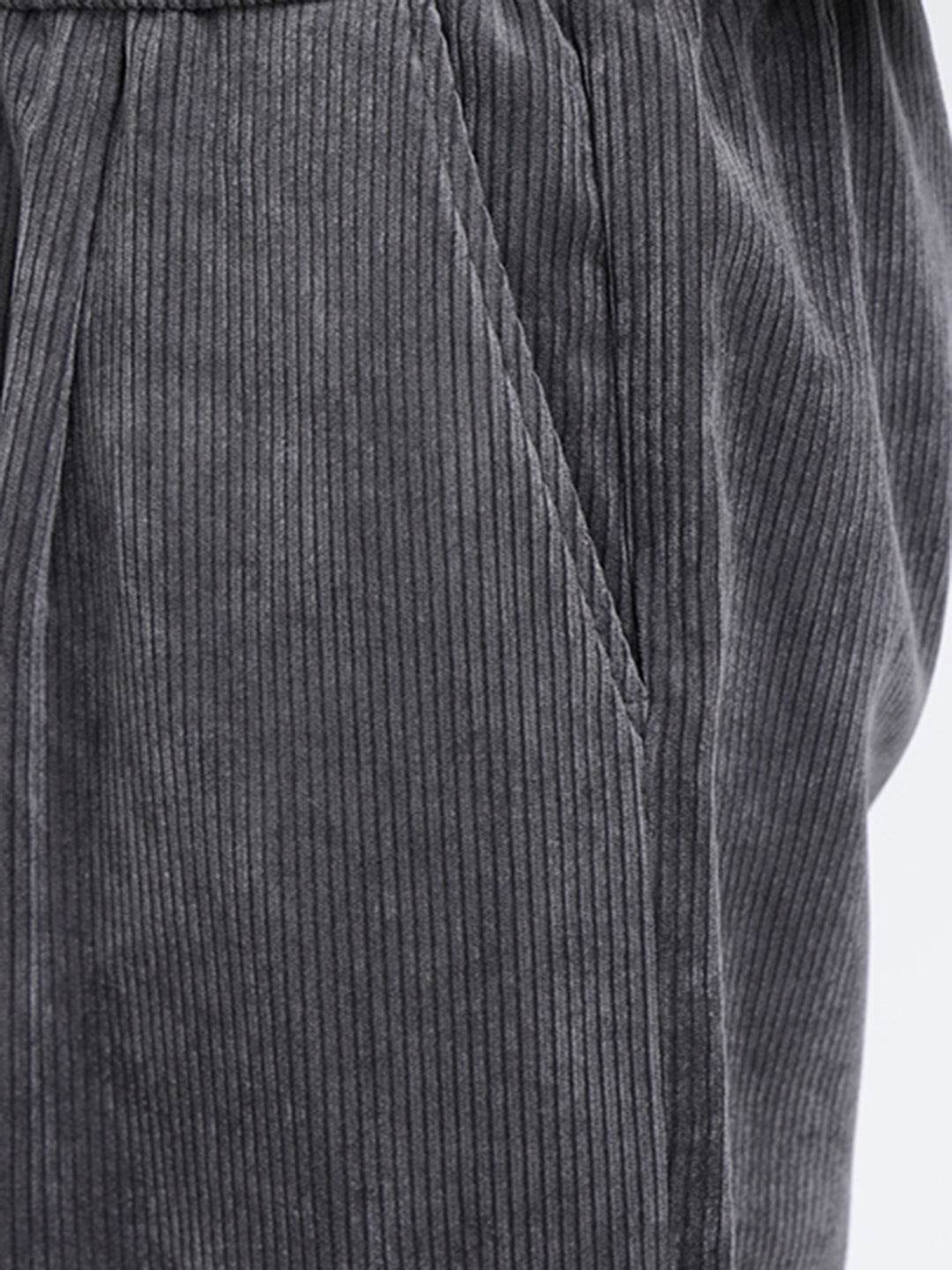 Men's Corduroy Grey Tapered Fit Trousers with Elasticated Waist