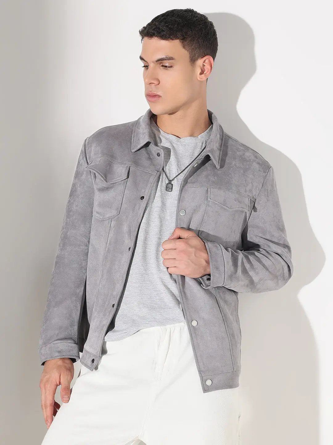Buy Men's Grey Suede Button Down Shacket | Showoffff