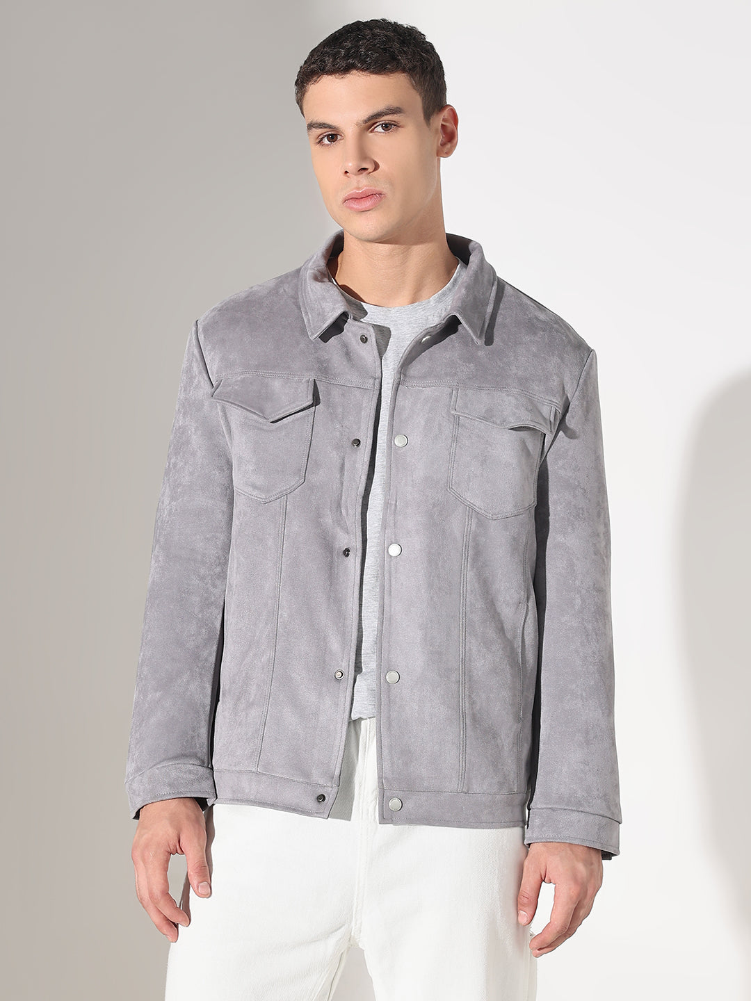 Men's Grey Suede Button Down Shacket