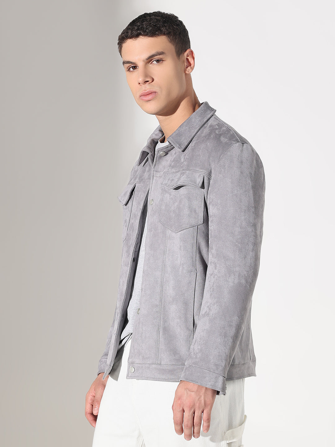 Men's Grey Suede Button Down Shacket