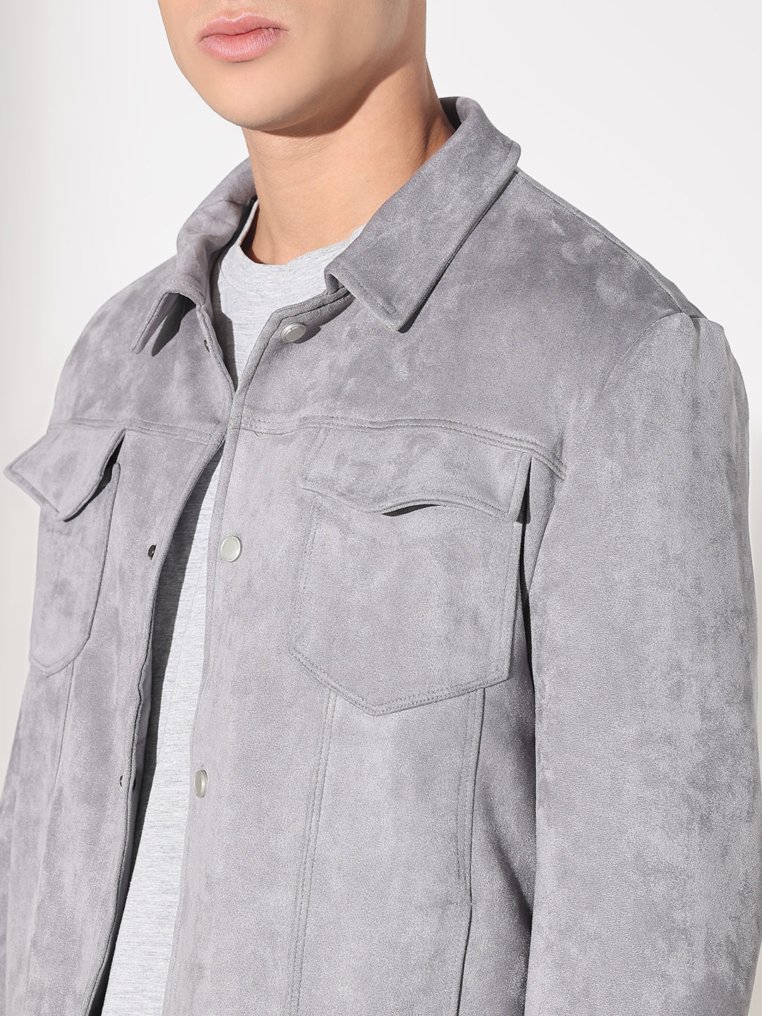 Men's Grey Suede Button Down Shacket