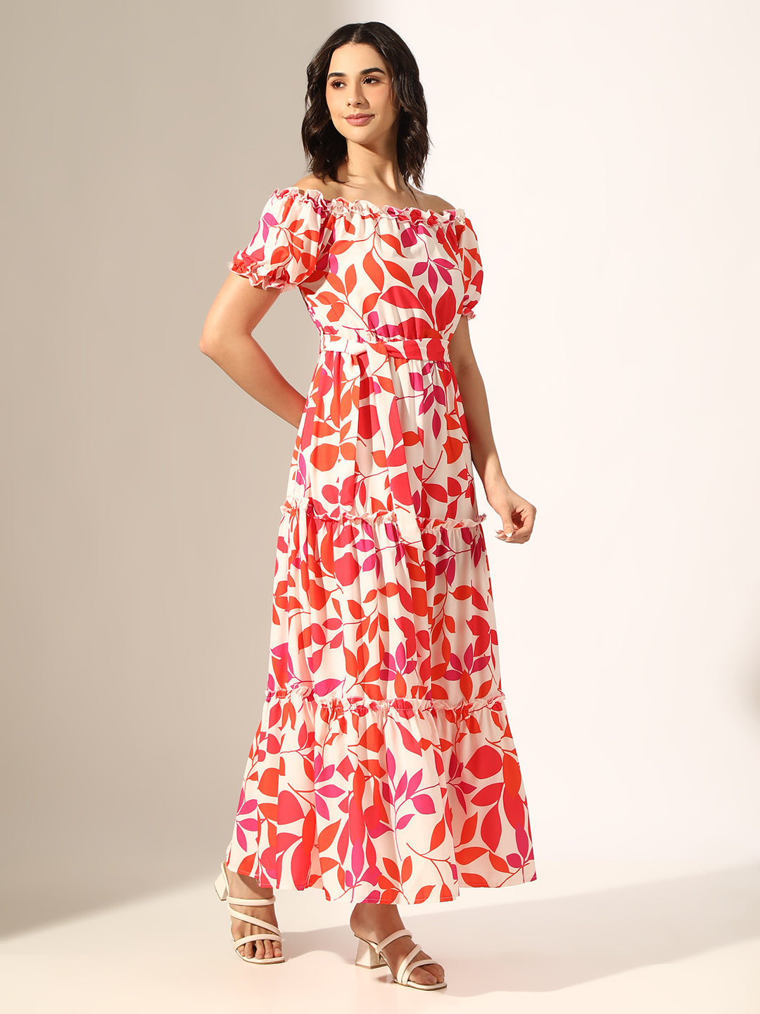 Women's Printed Multi Fit & Flare Maxi Dress with Fabric Belt