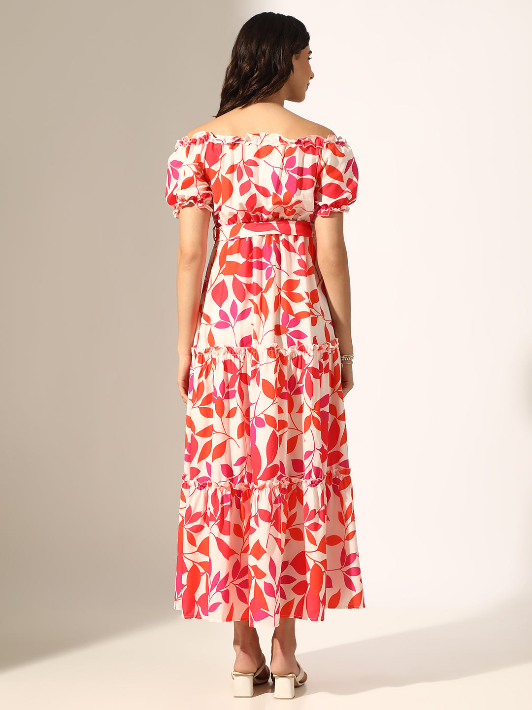 Women's Printed Multi Fit & Flare Maxi Dress with Fabric Belt
