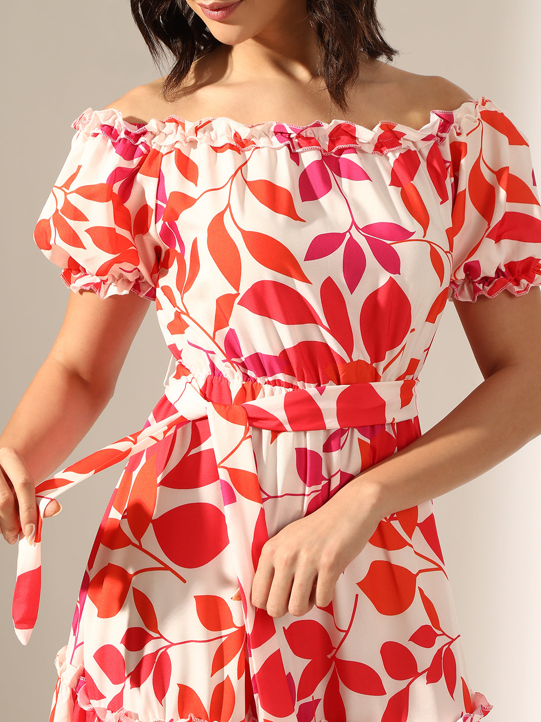 Women's Printed Multi Fit & Flare Maxi Dress with Fabric Belt